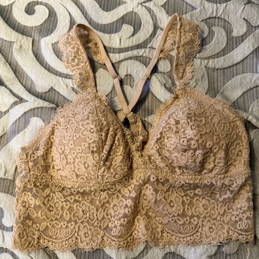 Aerie Far Out Lace Strappy Padded Plunge Bralette Women’s Extra Small Nude Color